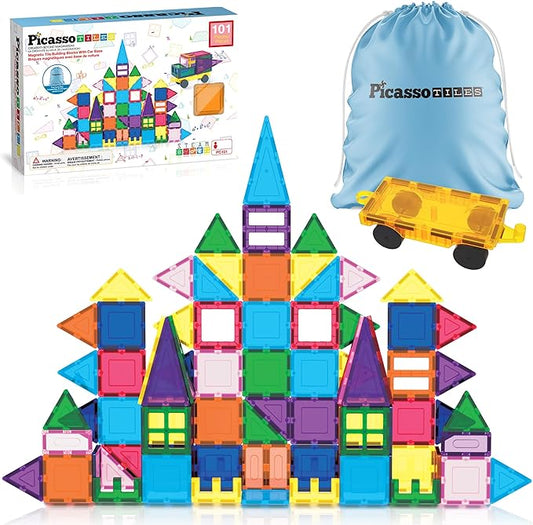 PicassoTiles 101 PCs Magnetic Tiles Building Blocks with Car & Drawstring Carry Bag Toy Storage Magnet Block for Toddlers Kids STEM Toy Set Educational Tile Learning Brain Development Ages 3+ PC101