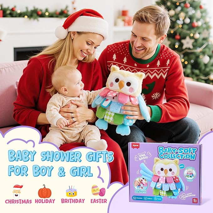 JoyCat Baby Tummy Time Toys 0-12 Months, Sensory Owl Stuffed Animal, Soft Montessori Infant Toy with Textured Crinkle Mirror, 13 Inch Carseat Toy for Newborn Boy Girl Shower Christmas Gift