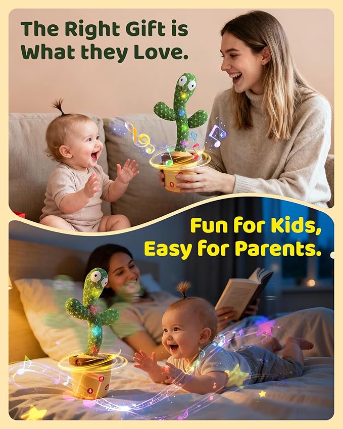 Dancing Talking Cactus Baby Toy, Mimicking & Repeating with Singing, Dancing and Recording, Volume Adjustable, Stocking Stuffers for Infants Toddlers Boys and Girls