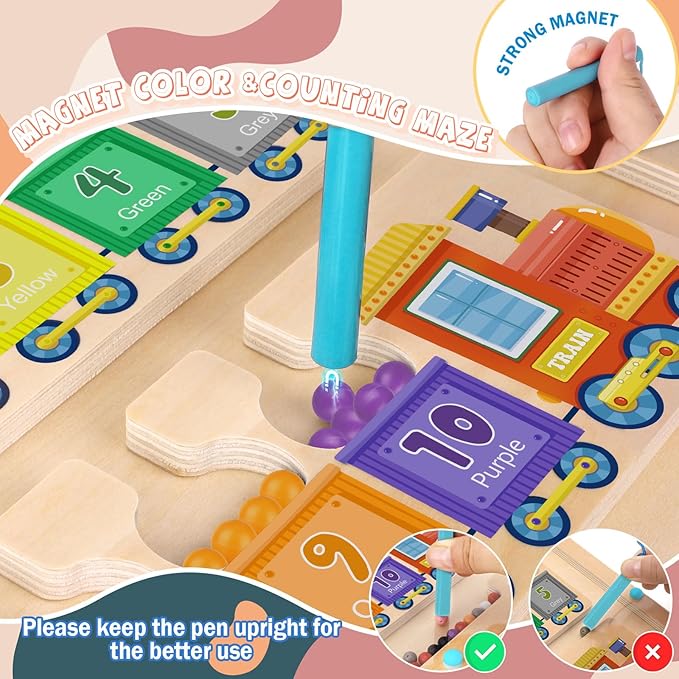 Magnetic Color and Number Maze Toy, Wooden Magnet Balls Puzzles Board, Fine Motor Skills Toddler Activities, Montessori Gift for Boys Girls 3-5 Years Old, Preschool Busy Board for Kids