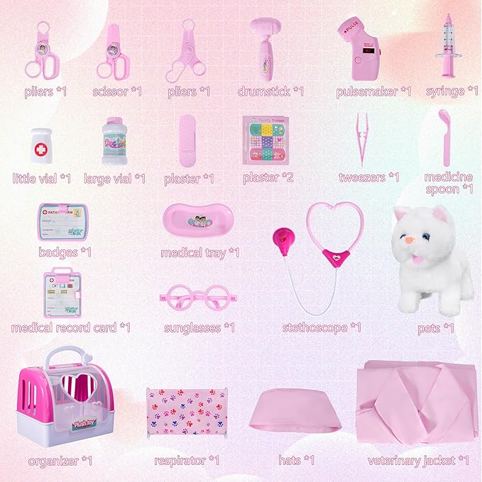 Doctor Kit for Girls -Vet Play Sets for Kids, Pretend Play Doctor Set with Pet Cage and Kitten Toy, Doctor Play Gift for Kids Toddlers Ages 3 4 5 6 Year Old for Role Play (White Kitten)