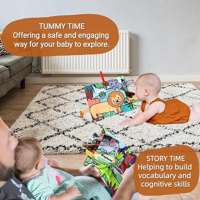 Soft Baby Books, Tummy Time Cloth Toys 0-6 Months Touch Feel Sensory Book Jungle Tails for Babies Girls 6 to 12 Month 0-3-4-5-6-7-8-9, Newborn Infant Boy Christmas Toy Gifts Stocking Stuffers