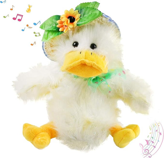 Houwsbaby 12" Electronic Duck Music Dancing Stuffed Animal Singing You are My Sunshine Waving Interactive Duck Plush Toy with Straw Hat for Boys Girls Kids Easter Birthday