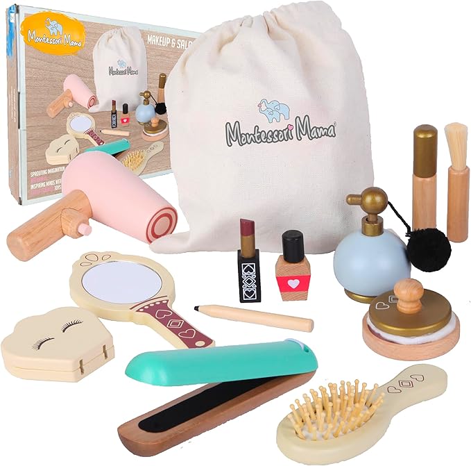 Montessori Mama Makeup and Salon Set - Wooden Pretend Play Beauty Play Makeup Kit with Styling Tools and Cosmetics - Pretend Makeup for Toddlers for 4 Year Old Girl