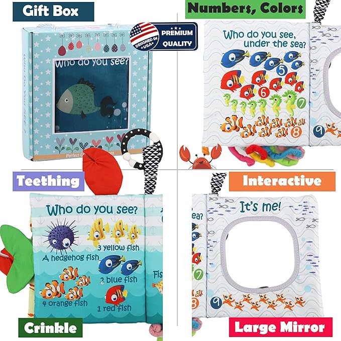 Fish Baby Books Toys, Touch and Feel Crinkle Cloth Books for Babies,Infant, Baby Toys 0-6-12 18 Months, Learning Education Soft Sensory Mirror Toy, Shower Gifts Christmas for Baby Boys Girls-Gift Box