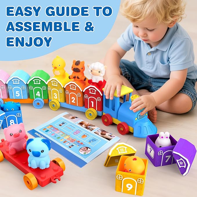 Montessori Toys for Toddlers 1 2 3 Years Old, Farm Animal Train Set with Counting Matching Sorting Activities 9 Barns, 10 Finger Puppets, 2 Stickers-Learning Toys for Baby Boys Girls, Preschool Gift