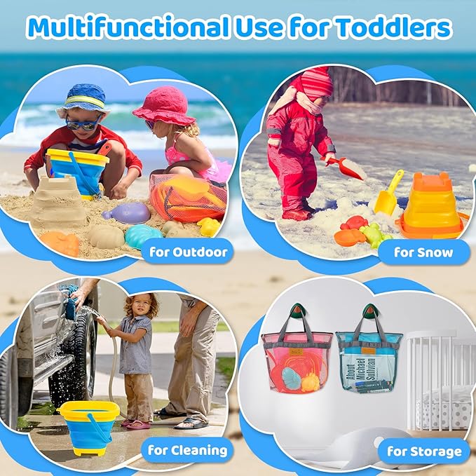 Beach Sand Toys for Kids with 2 Collapsible Beach Sand Buckets, Big Size Sand Molds, 2 Mesh Shell Bags, Shovels Toy Set Summer Travel Beach Essentials Sandbox Outdoor Toys for Toddler Ages 3-10