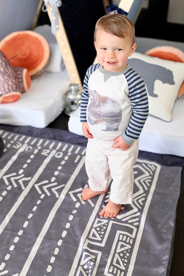 Plush Velvety 'Gridiron' Washable Playmat and Protective Rug Slipcover in Slate Gray 5' x 7'