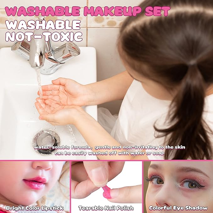 54 Pcs Kids Makeup Kit for Girls, Princess Real Washable Pretend Play Cosmetic Set Toys with Mirror, Birthday Gifts for 3 4 5 6 7 8 9 10 Years Old Girls Kids (Pink)