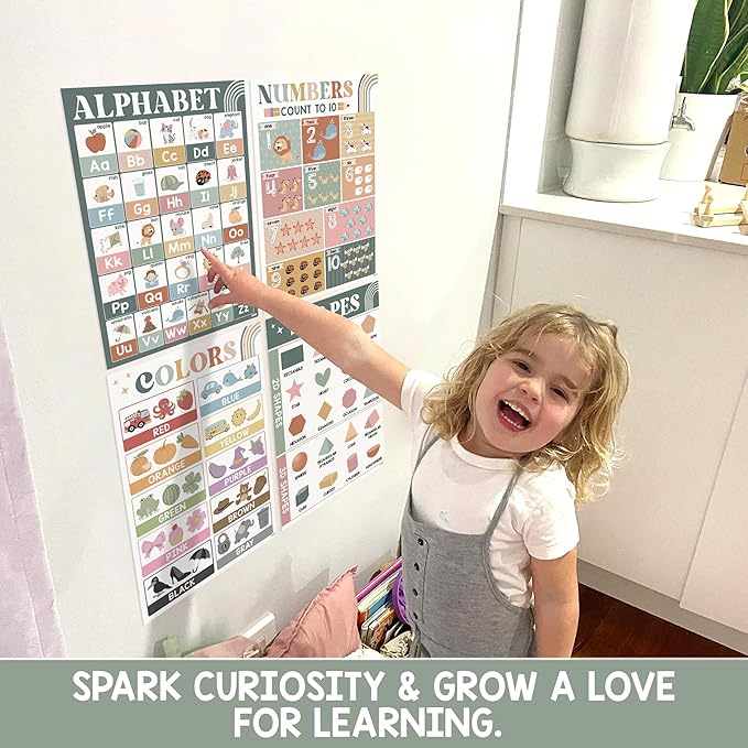 BEAWART ABC Alphabet Posters (Pack 4 - 16'x24'), Color Shape Number Chart for Classroom Decor, Educational Posters for Toddlers 1-3, Learning Chart for Preschoolers, Homeschool Supplies, Double Laminated (Retro Boho)