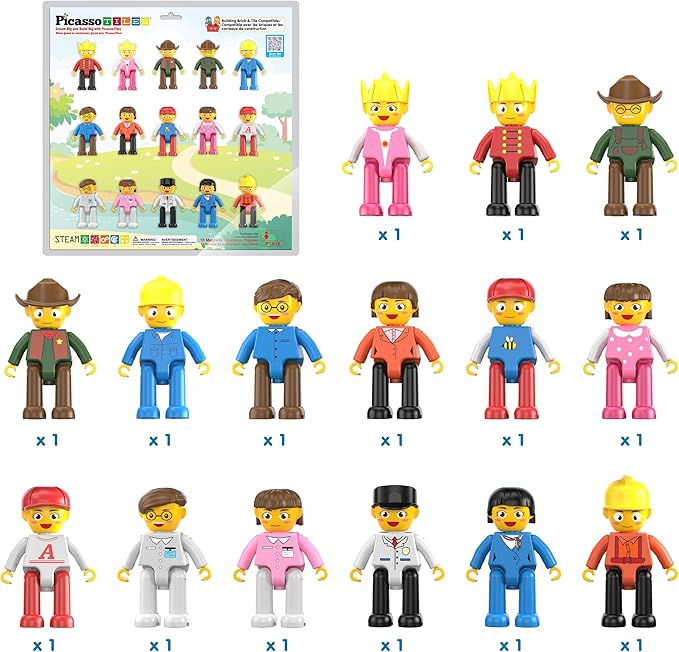 PicassoTiles Magnetic Figure Playset 15 PCS Rotatable Characters Toys for Kids Add On Set for Building Block Tiles Toddlers Sensory Pretend Play Travel Gift