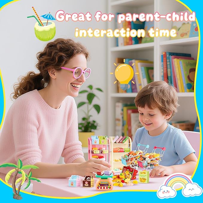 196Pcs Mini Shopping Cart Basket Trolley Grocery Game Model Miniature Drink Bottle Food Pizza with Box Supermarket Metal Handcart Toy Doll House Store Cosplay Pretend Kitchen Shelf Cash Register