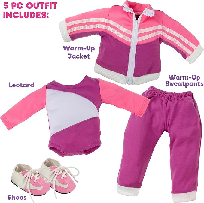 Gymnastics Doll Outfit for 18" Dolls (4 Piece Set) -Sports Premium Costume Handmade Clothes and Accessories Include Leotard, Warm-Up Pants & Jacket, Sneakers-Sports Apparel for Doll, Gift for Girls
