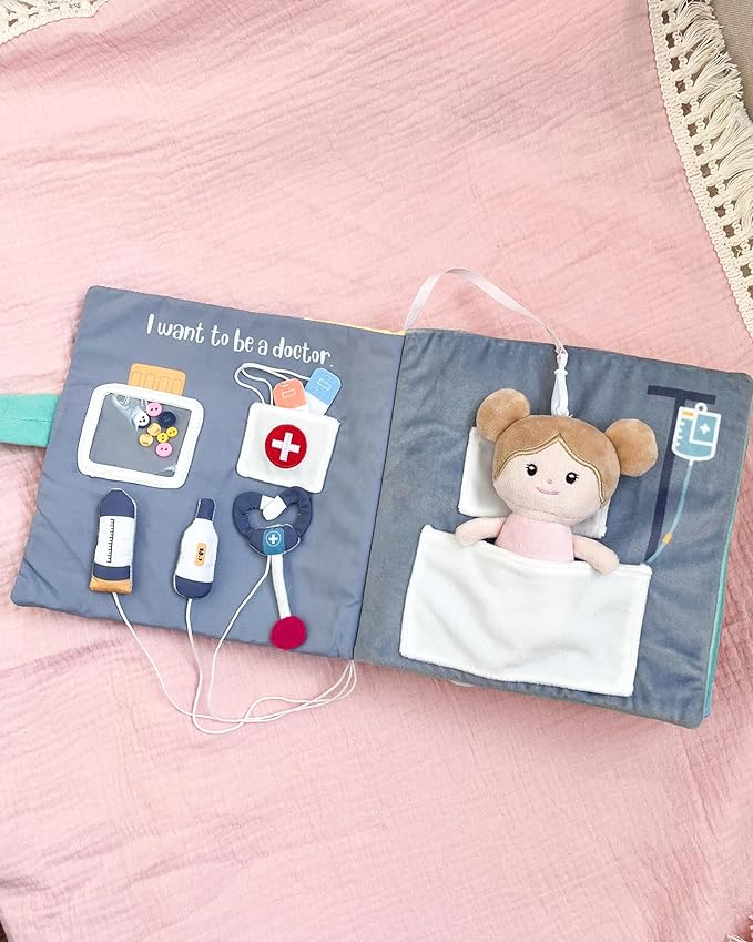 LeyaDoll Interactive Sensory Soft Cloth Book, Educational Crinkle Quiet Activity Busy Book for Babies,Toddler Travel Toy Gift for Boys and Girls (I Want to Be)