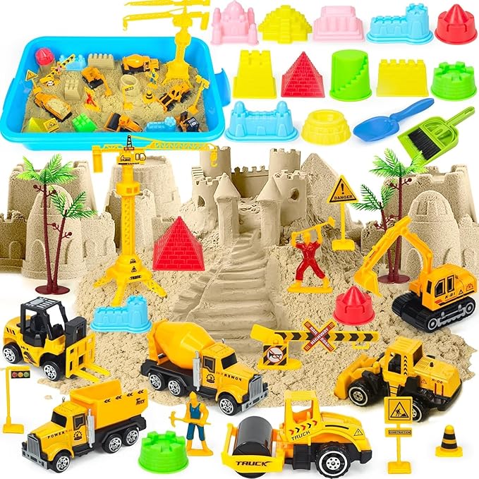 Sensory Bin Toys, Alloy Construction Trucks Play Sand Art Kits with 2.2lbs Magic Sand, Molds, Shovel, 6Pcs Construction Vehicles, Crane- Sensory Sandbox with Lid for Kids Toddlers Age 3-8