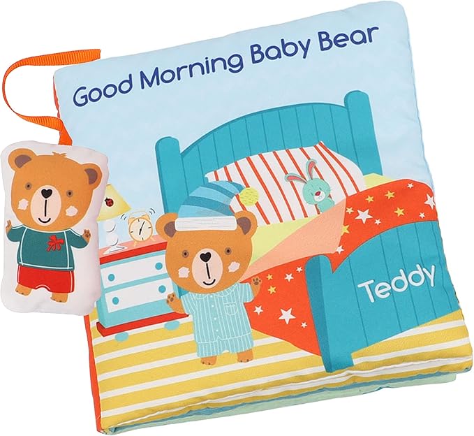 bebe mondo Teddy Bear Baby Toy Cloth Crinkle Books for Babies Infant Toddler, Soft Toys 0-6-12 Months Activity Tummy Time Mirror Toy, Gifts for Boys Girls Baby Shower, 1-2-3 Years Old-Morning