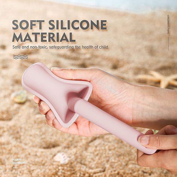 MarcZero 11Pcs Silicone Beach Toys,Modern Baby Beach Toys,Travel Friendly Beach Set,Silicone Bucket, Shovel, 8 Sand Molds, Beach Bag,Silicone Sand Toys for Toddlers, Kids (Pink)