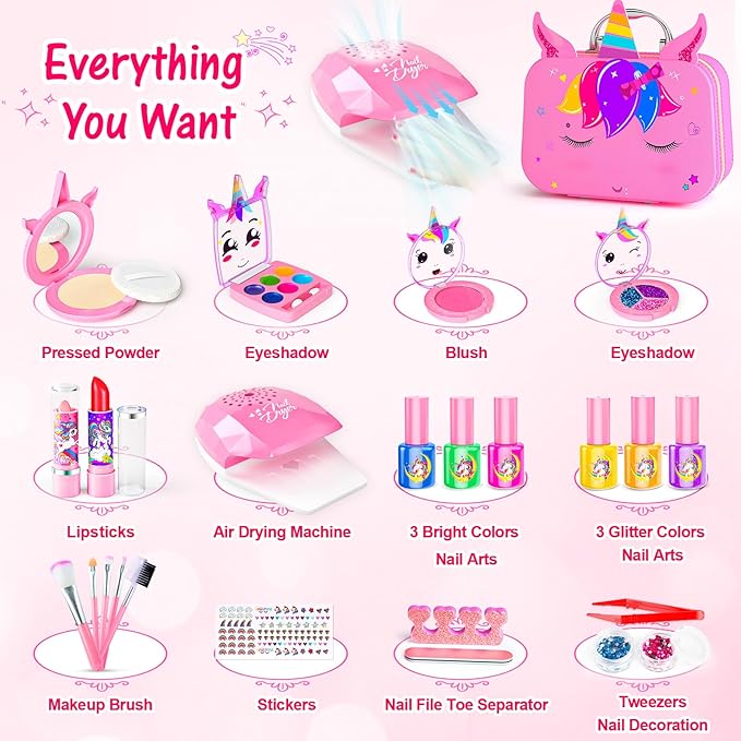 Kids Makeup Kit for Girl - 2 in 1 Kids Washable Makeup Toys & Nail Art Kit with Nail Dryer and Storage Case, Real Girl Makeup Set Birthday Gifts Toys for 3 -12 Year Old Girls, Pink
