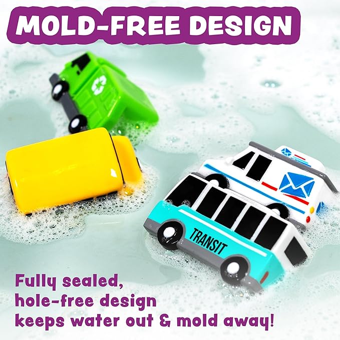 Tub Works® Vehicles™ Bath Cars Mold Free Bath Toys, 6 Pack | Sealed, No Hole Bath Toys Design Keeps Moisture Out | Soft, Squeezable & Float on Water | Fun Baby & Toddler Bath Toys | City Car Bath Toys