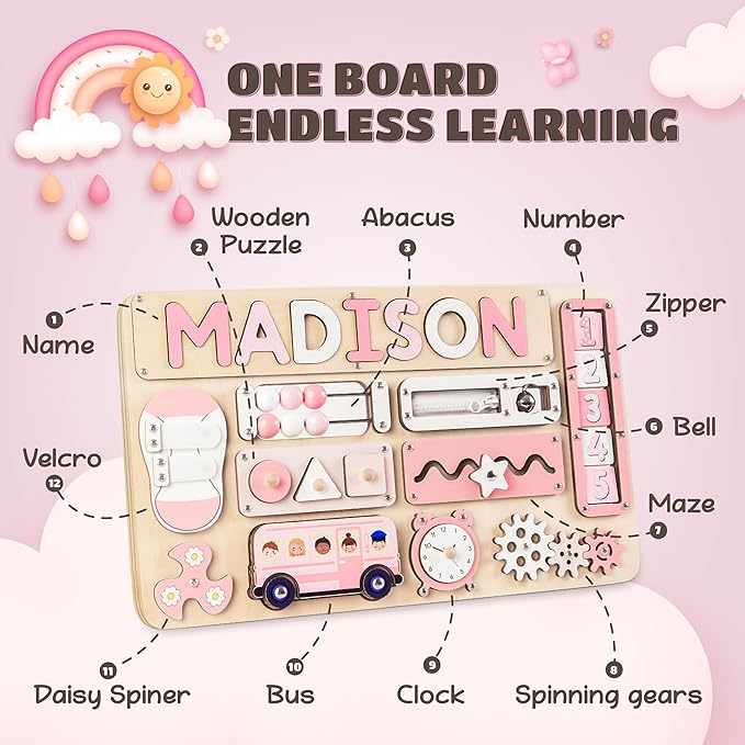 Personalized Large Busy Board for Toddlers - Montessori Busy Board - Montessori Toys for 1 Year Old Baby Boys Girls - Sensory Toys for Toddlers 1-3 - Peronalized Baby Gift