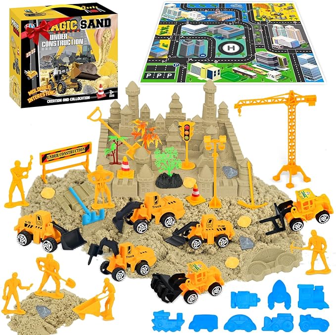 Play Sand Toys for Kids - 45pcs Playset with 1.1 lbs Realistic Sand, Truck Excavator Toy Vehicles, Including Construction Site Mat, Airplane Train Car Mold Kit and Other Accessories