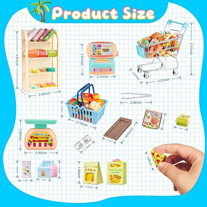 196Pcs Mini Shopping Cart Basket Trolley Grocery Game Model Miniature Drink Bottle Food Pizza with Box Supermarket Metal Handcart Toy Doll House Store Cosplay Pretend Kitchen Shelf Cash Register
