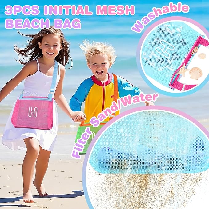 3Pcs Personalized Kids Beach Shell Bag, Initial Seashell Mesh Zipper Beach Pouch, Shell Collecting Bag for Holding Shells with Adjustable Straps, Sand Toys Swim Pouch Gift for Girl Boy Teens(Letter H)