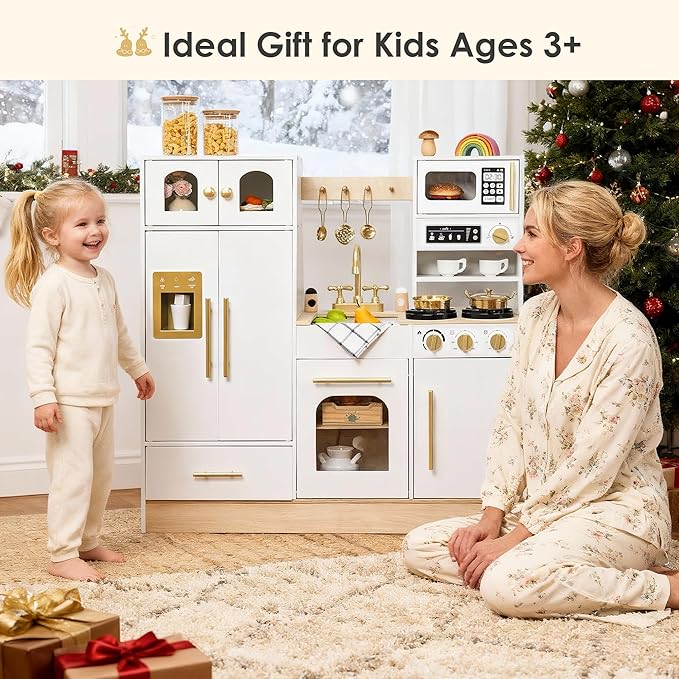 Wooden Play Kitchen Set - Realistic Pretend Play Kitchen with Stove, Sink, Coffee Maker & 11 Fun Accessories | Montessori Toy Kitchen for Toddlers Ages 3+