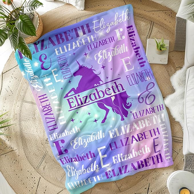 Girls Blankets, Custom with Name Unicorn Throws Gifts for Kids Teens Women, Personalized Soft Comfy Monogram Flannel Fleece Blanket for Bed Couch Sofa Home Decor, Unicorn Stuff Themed Gifts