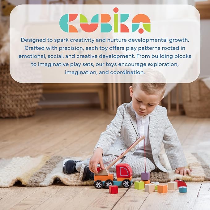 CUBIKA Wooden Crane Truck – Magnetic Construction Vehicle Playset for Toddlers Ages 18 Months+ – Montessori Toy for Fine Motor Skills, Creativity, and Imaginative Play