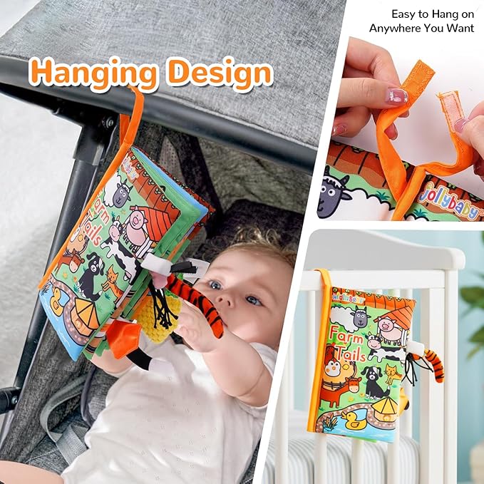 HECCEI Baby Cloth Books Soft Baby Book 0-6 Months Crinkle Books with Tail Touch and Feel Sensory Toys for Infant Tummy Time for 3 Months+, Farm Tails