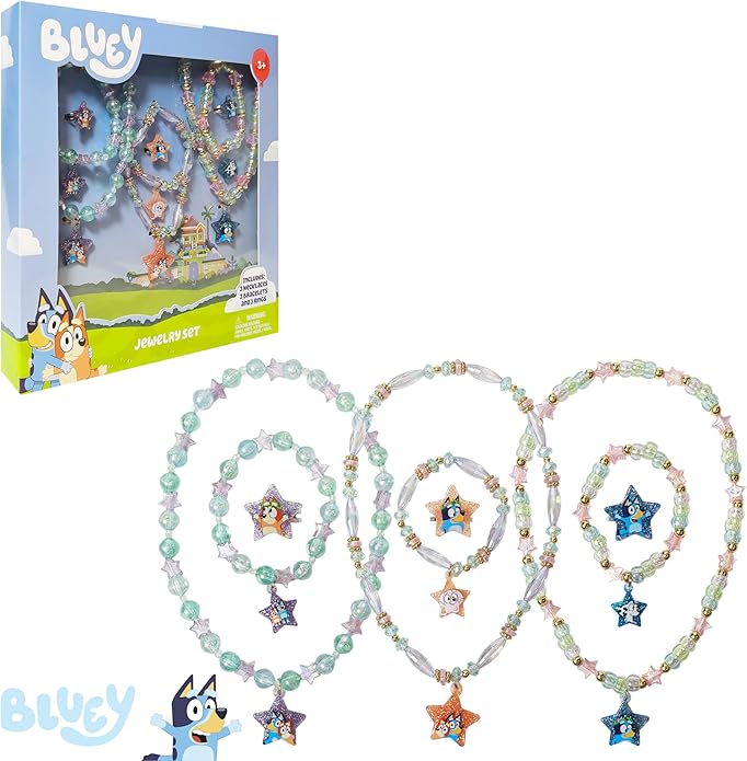 LUV HER Bluey Girl's Jewelry Set - Dress up Toy Jewelry Box Set with Bead Necklace, Bracelet and Ring - Play Accessories - Ages 3+