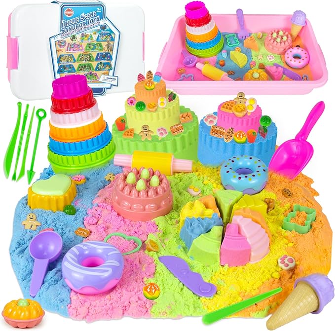 Ice Cream Sensory Bin for Girls Kids,Play Sand Art Kit with 2.2lb Color Magic Sands,56 pcs Cake Molds Tools Sandbox Toy-Fun Pretend Play Desserts Toys Sensory Toys for Girls Toddler 3 4 5 6 7 8