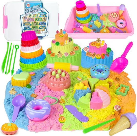Ice Cream Sensory Bin for Girls Kids,Play Sand Art Kit with 2.2lb Color Magic Sands,56 pcs Cake Molds Tools Sandbox Toy-Fun Pretend Play Desserts Toys Sensory Toys for Girls Toddler 3 4 5 6 7 8