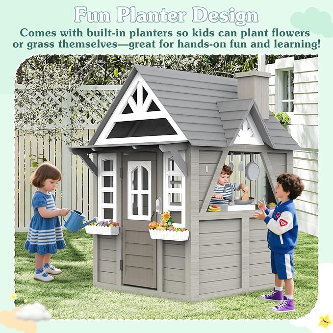 Kids Outdoor Cedar Playhouse, Weather-Resistant Gray Wooden Play House for Ages 3–8 with Play Kitchen, Working Doorbell, Toy Phone & Flowerpots — Durable Backyard Gift for Creative & Social Play