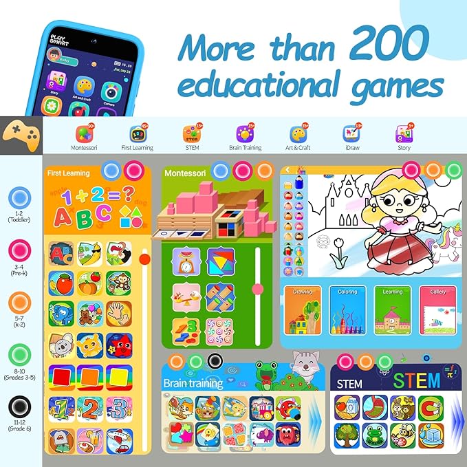 MOMILLA Kids Toys Smart Phone, Dual Camera with Stickers, 3.97" Touchscreen, 200+ Educational Puzzle Games, Learning Toys with Parental Control for Ages 3-8, Birthday Gift