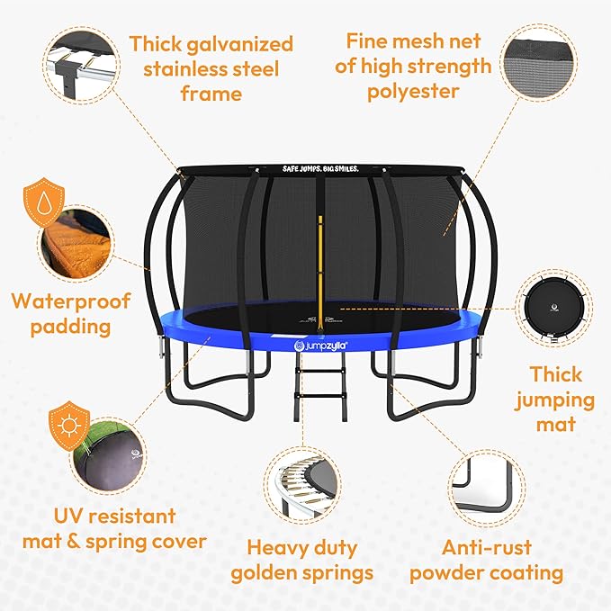 JUMPZYLLA Trampoline Outdoor 8FT 10FT 12FT 14FT 15FT 16FT with Enclosure and Ladder, ASTM Approved Recreational Trampoline for Kids and Adults, Anti-Rust Coated Frame