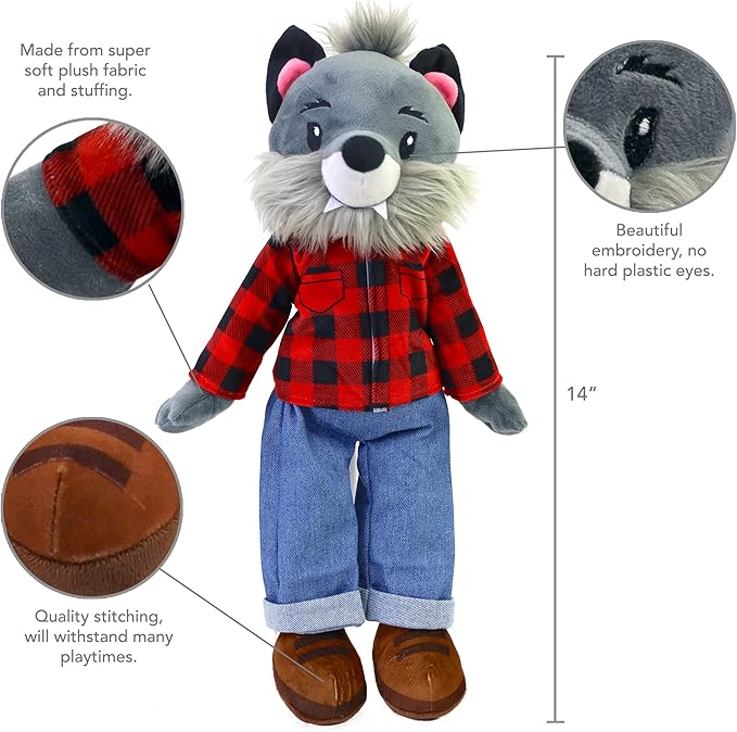 Playtime by Eimmie Soft Baby Doll Walter The Wolf - 14" Plush Rag Doll with Embroidered Features for Girls, Boys, Toddlers & Infants - Educational Stuffed Animal for Imaginative Play
