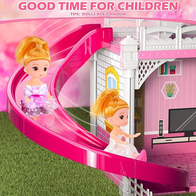 Dollhouses, Housetoys Furniture Pink Girl Toys, 4 Stories 10 Rooms Dreamhome with 2 Princesses Slide Accessories, Toddler Playhouse Gift for for 3 4 5 6 7 8 9 10 Year Old Girls Toys