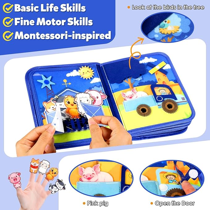 GOLIYEAN Montessori Busy Book for Toddlers 1-3, Busy Board Montessori Toys for 1 Year Old Boy Birthday Gifts, Educational Learning Sensory Activity Books, Quiet Book Travel Toys for Airplane Car