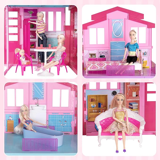 Large Foldable Doll House, 36'' Play House Dollhouse for 12" Dolls, Portable Princess House with Elevator, Bed, Basin & Pets etc, Doll Accessories, Gift for Birthday Christmas for Girls
