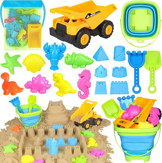 Beach Toys, Sand Toys for Toddlers 3-5, Sandbox Toys with Dump Truck, Collapsible Beach Bucket, Sand Castle Building kit, Sand Molds, Beach Shovel, Mesh Bag, Travel Toys for Kids Ages 4-8