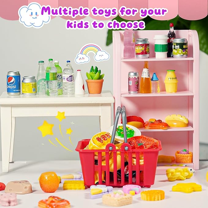 183Mini Food Toys Dollhouse Fruit Vegetable Bread Rack Display Shelf Grocery Store Shopping Cart Basket Miniature Drink Supermarket Metal Handcart Kitchen Play Game Party Cash Register