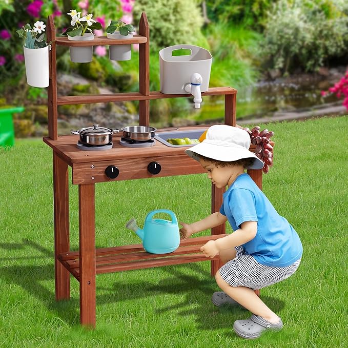 ROBOTIME Mud Kitchen for Kids Outdoor, Wooden Kids Kitchen Playset, Outdoor Play Kitchen with Removable Sink, Faucet, Cooking Accessories, Stove, Fun Backyard Outdoor Kitchen for Boys Girls 3+