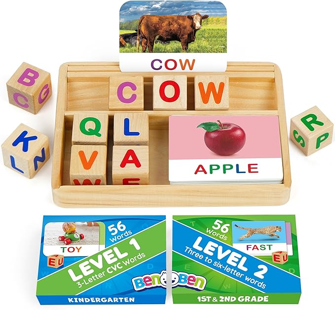 BenBen Spelling Games with Flash Cards, 112 Words, Montessori Toys for 3 4 5 6 Years Old Kids, Wooden Matching Letters Games, CVC Word Educational Learning Toys, Gift for Preschool Kindergarten