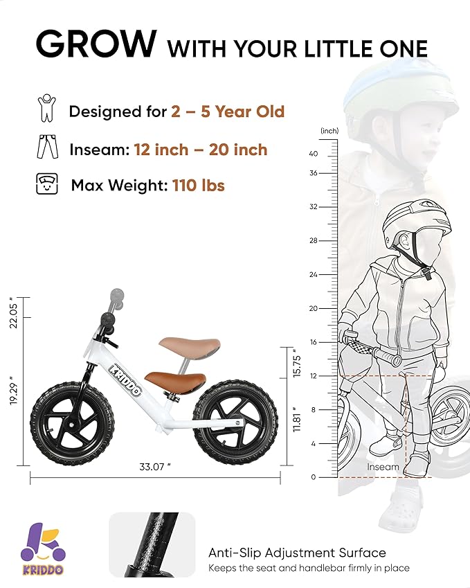 KRIDDO Toddler Balance Bike 2 Year Old, Age 24 Months to 5 Years Old, 12 Inch Push Bicycle with Customize Plate (3 Sets of Stickers Included), Gift Bike for 2-3 Boys Girls, White