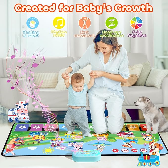 MOMUSE Piano Music Mat with 80 Sounds, Large Animal Car Touch Blanket Playmat Carpet Musical Toddlers Toys 1-3, Floor Keyboard Dance Sensory Educational Mat Boys Girls Gifts for 1 2 3 4 5 Years Old