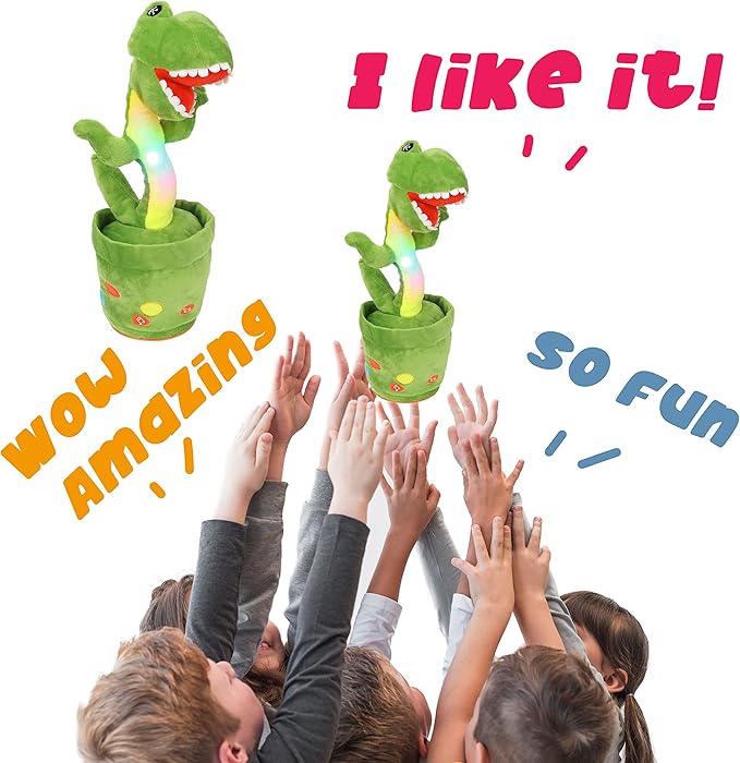 Hopearl Glowing Dancing Dinosaur Repeats What You Say - Talking T-Rex Wriggle Singing Mimicking Twisting Light Up Interactive Animated Speaking Plush Toy - Gifts for Kids, Green, 13''