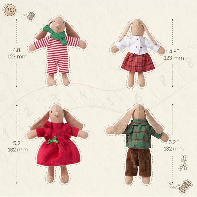 Giant bean® Bunny Toys for Kids, Christmas Bunny, 4 PCS Hand Made Rabbit Family Dolls with Removable Clothes, Suitable for Infants, Boys and Girls, Dollhouse People