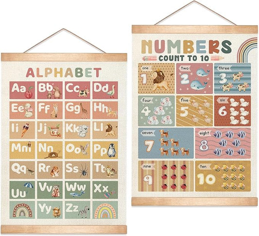 Kids Alphabet and Numbers Learning Posters Set of 2, Linen Canvas Educational Wall Art,Canvas Print Wall Hanging Posters, Cute Animal ABC 1-10 Numbers Charts for Nursery Playroom Preschool Classroom Decor, 18.5x14 Inch(Colorful-01)